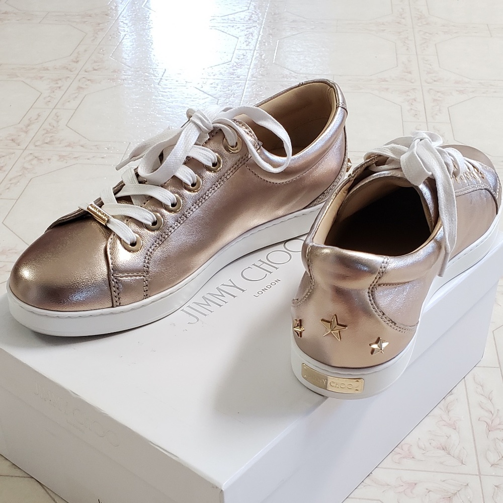 NWT Jimmy Choo Shoes Leather Sneaker Rose Gold Designer Luxury Sneaker Presents